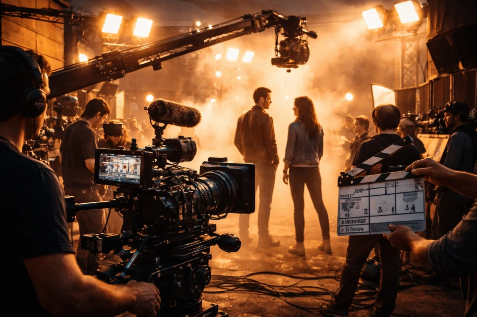 Medical team briefing or treating minor injury on set